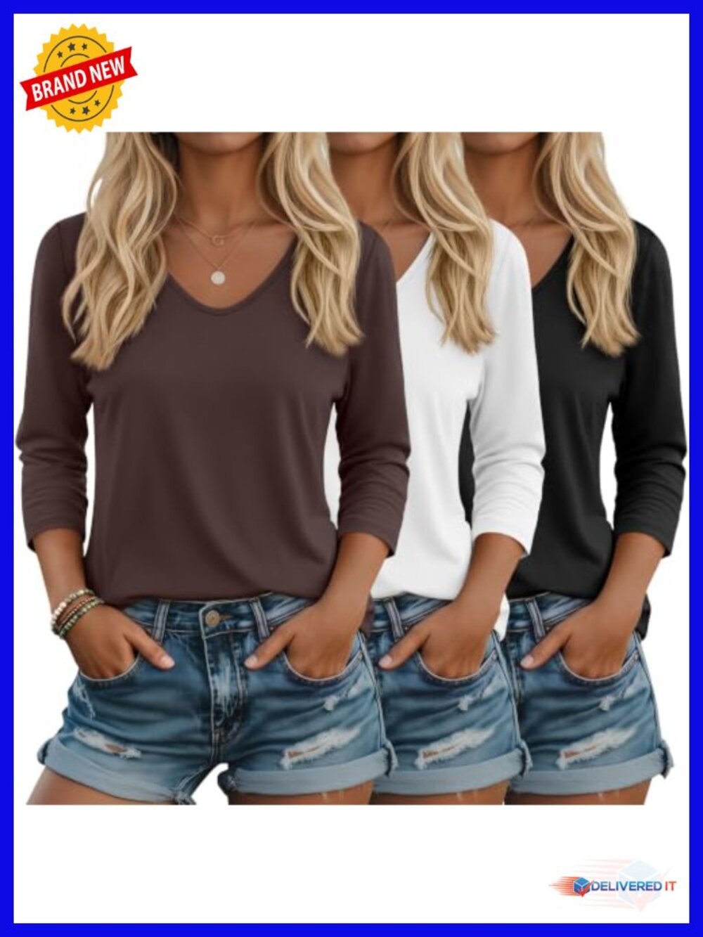 3 Pack Women's 3/4 Sleeve V-Neck Tee Loose Fit Blouse
